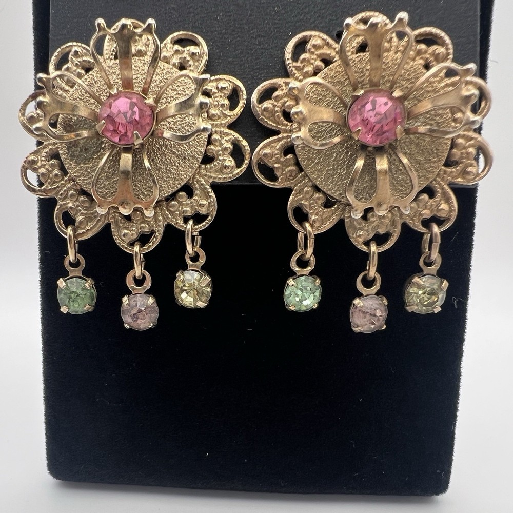 Vintage Gold Tone Flower Dangle Drop Clip-On Earrings Pink Green Purple Glass