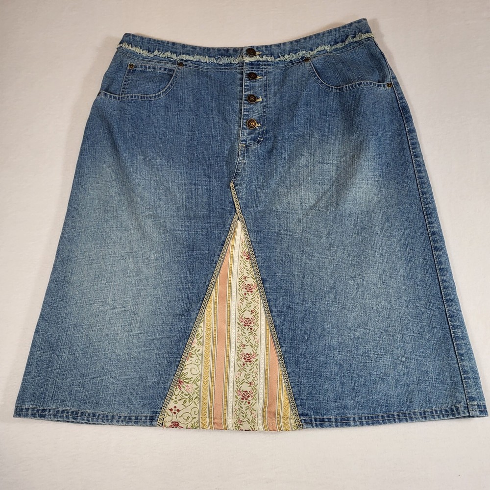 Vintage Gloria Vanderbilt Skirt Women 14 Denim Patchwork Frayed Back Slit Button