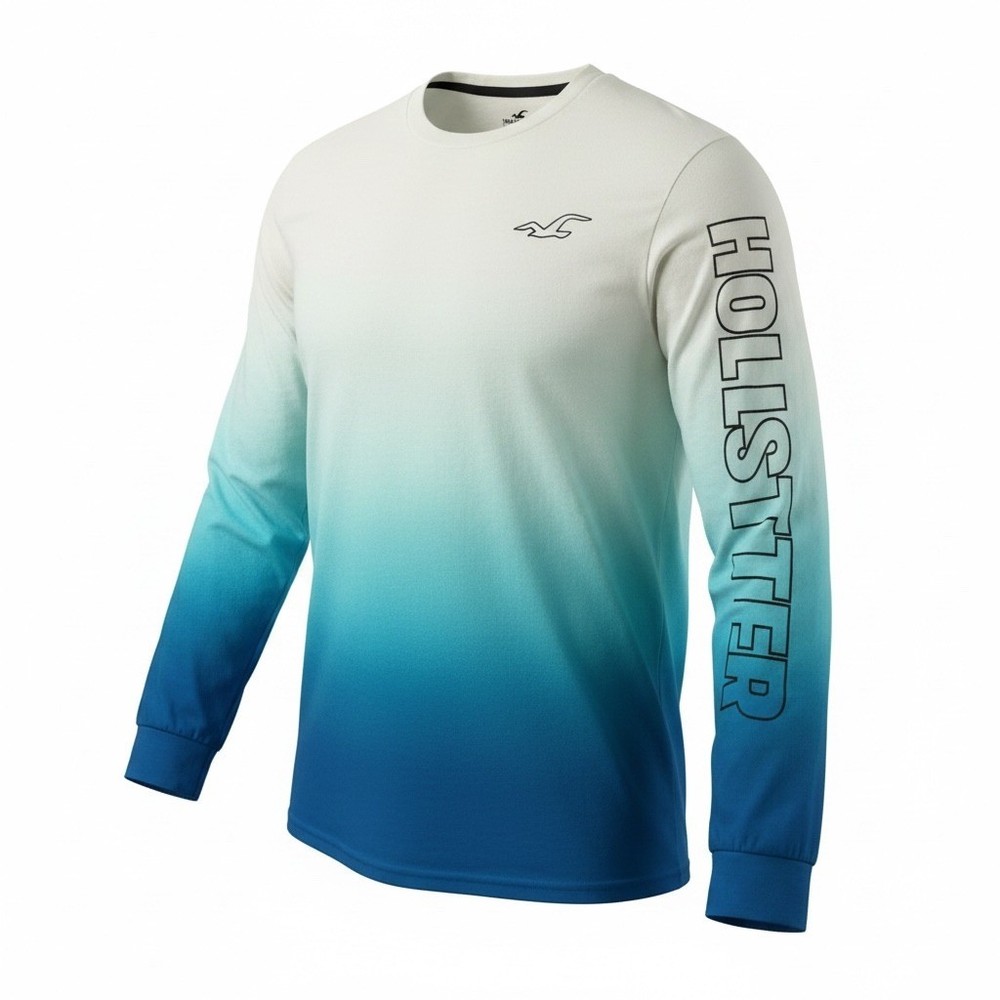 Hollister Mens Blue Ombre Long Sleeve Graphic T-Shirt White Blue Large Logo Tee
