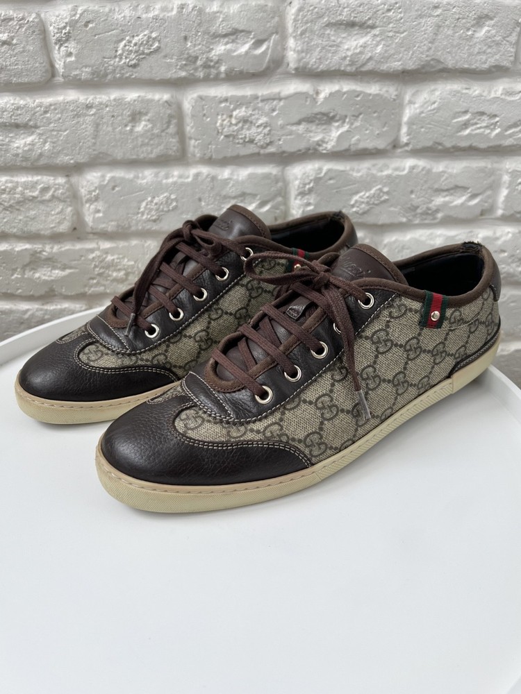 Gucci GG Monogram Brown Canvas Leather Low Top Sneakers Size 40