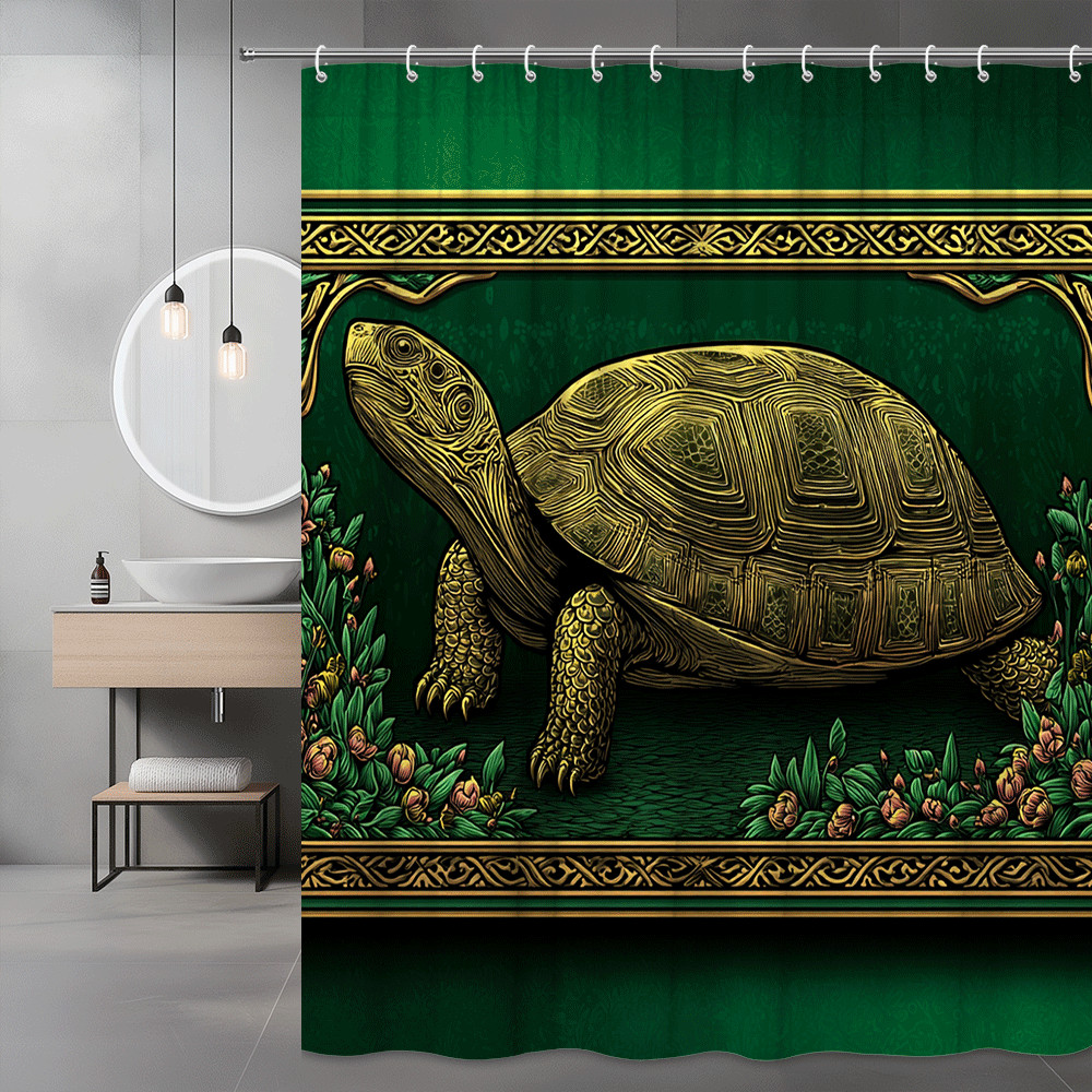 Turtle Shower Curtain Green Gold Floral Graphic Print