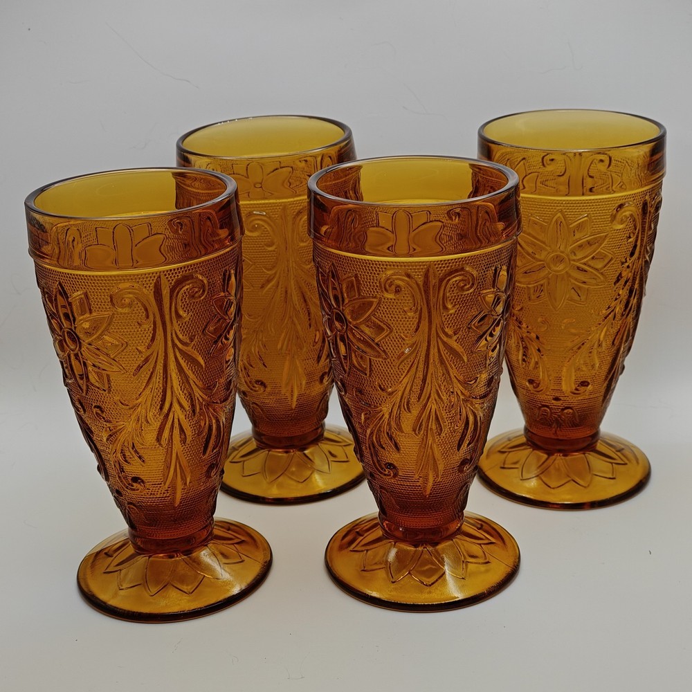 Set of 4 Indiana Glass Tiara Amber Sandwich Pattern Footed Iced Tea Glass 6.25