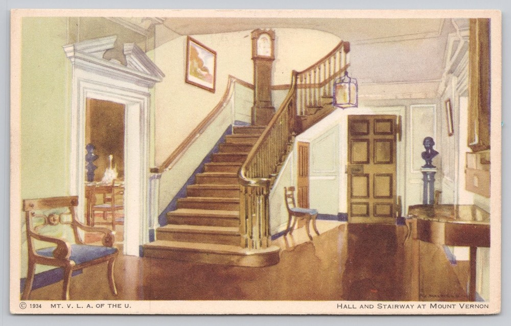 1934 Mount Vernon Hall Stairway Postcard Washington Estate F. J. Mayfield Art