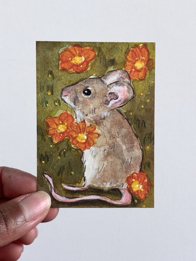 ACEO PRINT, Forest Mouse With Flowers, Mini Art Painting, Abstract-image