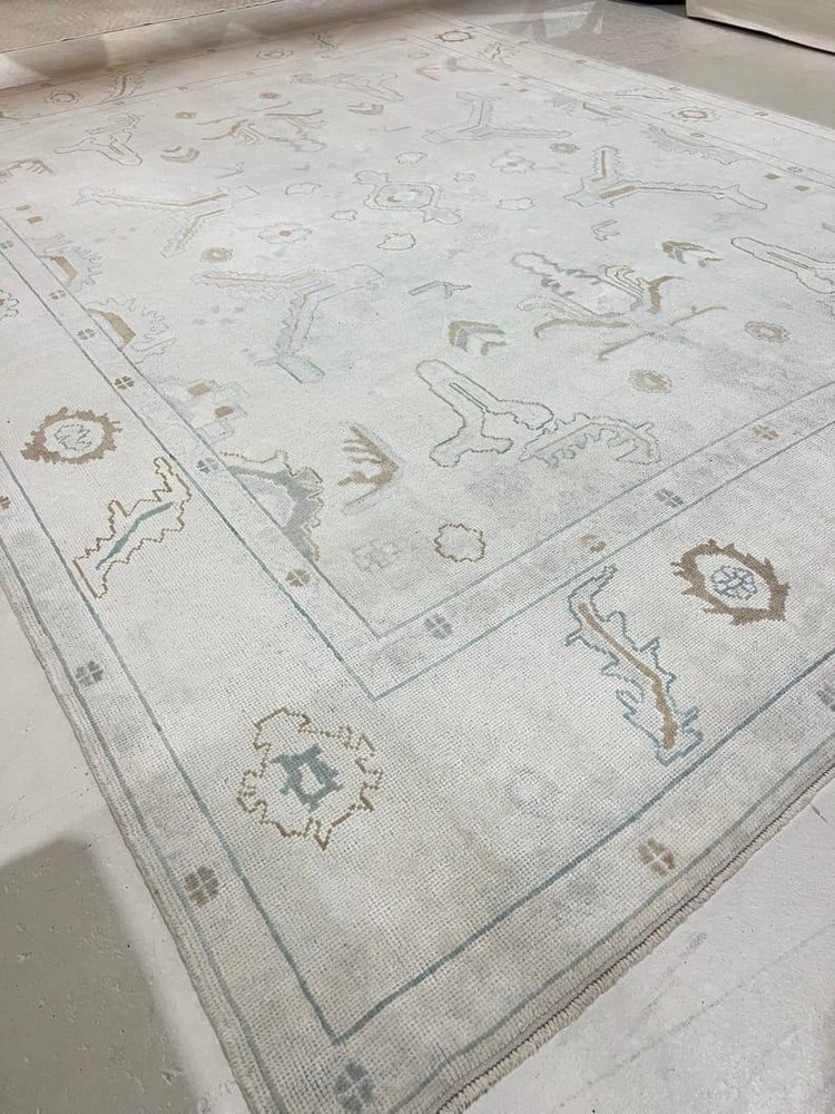 Hand Knotted Turkish Oushak Rug Gray Gold Ivory Abstract Motif Area Carpet