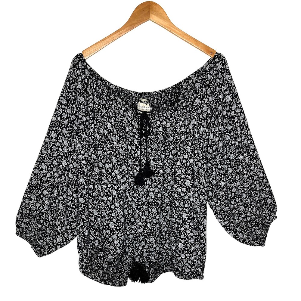 Denim & Supply Ralph Lauren Floral Peasant Top Black White Tassel XL Boho Casual