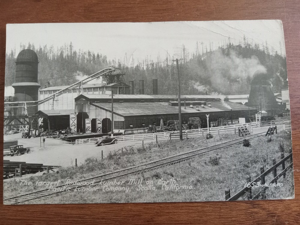 c1947 RPPC Pacific Lumber Co. Mill, Scotia, Humboldt County, CA, old cars