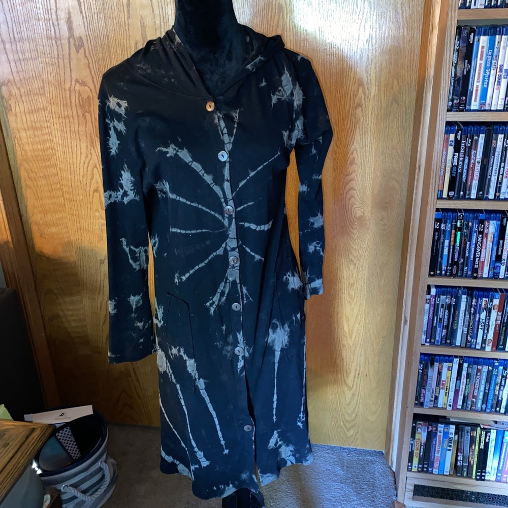 SACRED THREADS  Black Tie Dye boho cotton KIMONO DUSTER COAT Small