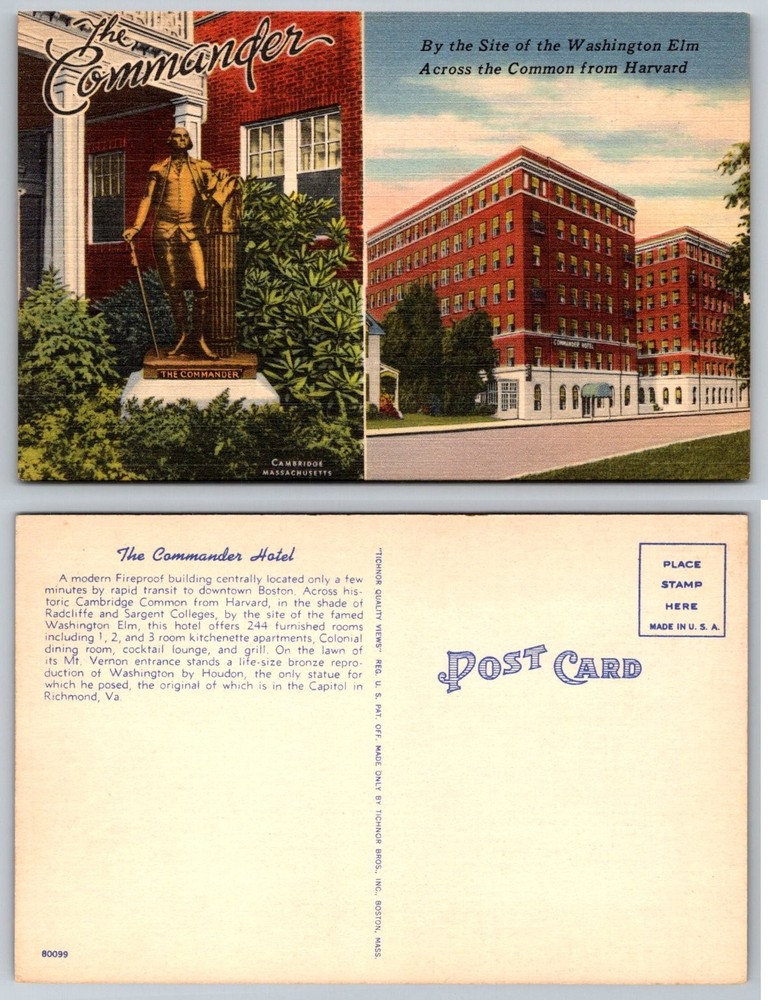The Commander Hotel Cambridge MA Postcard Washington Elm Harvard Vintage