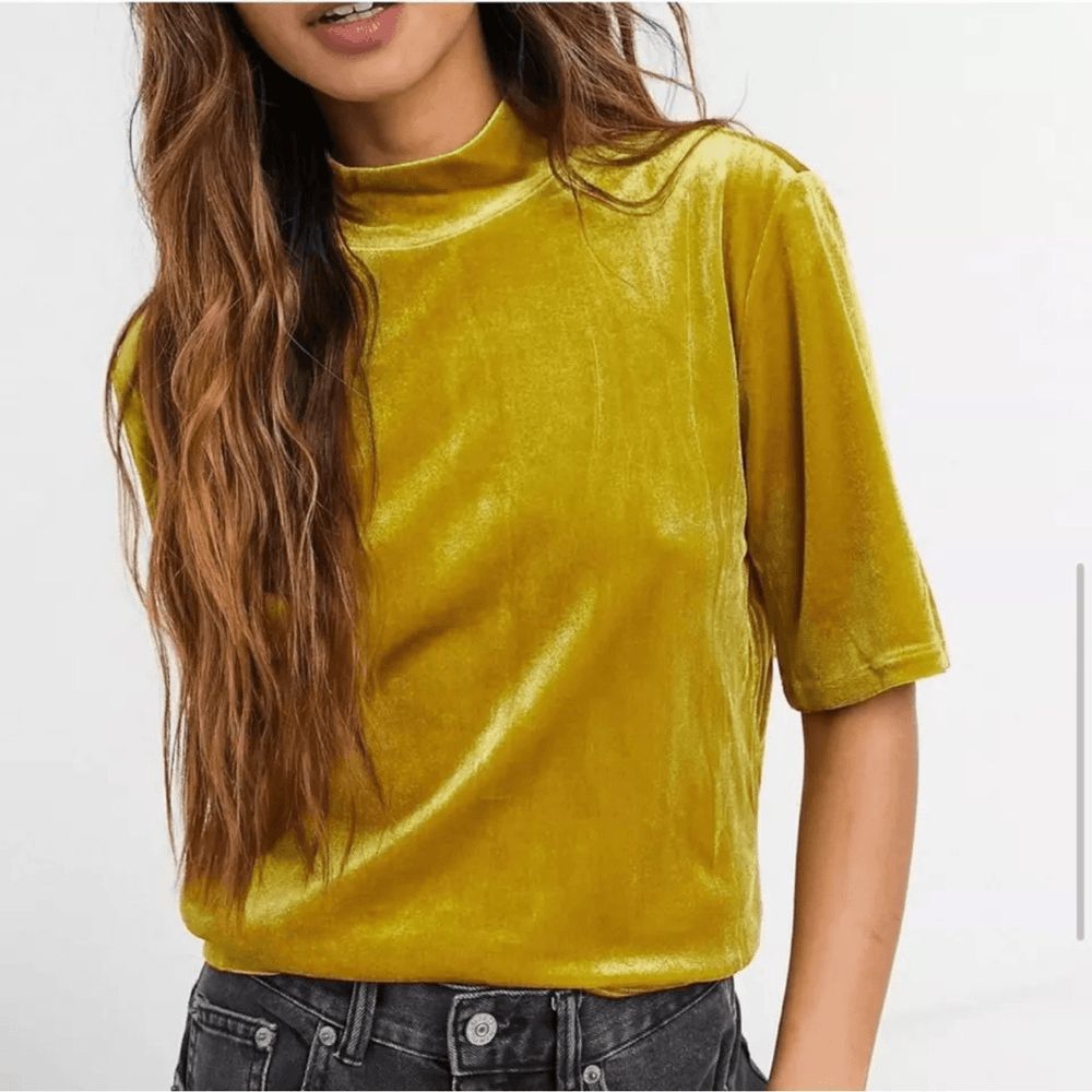 NWT Madewell Sz XXS Velvet Mockneck Tee Short Sleeve Blouse Top Mustard Gold