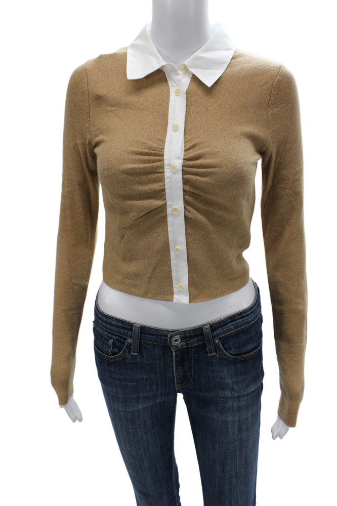 Naadam Women Cropped Button-Up Sweater Beige Cotton Cashmere Size SFree Shipping in US $100+ Orders | $6.95 Orders Below