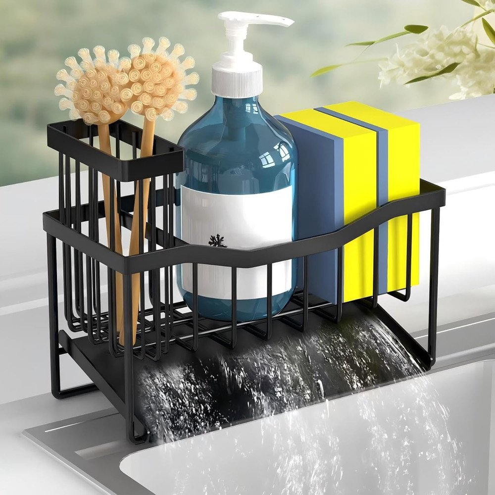 Sink Caddy Sponge Holder for Kitchen with Brush Holder and Stainless Steel Self