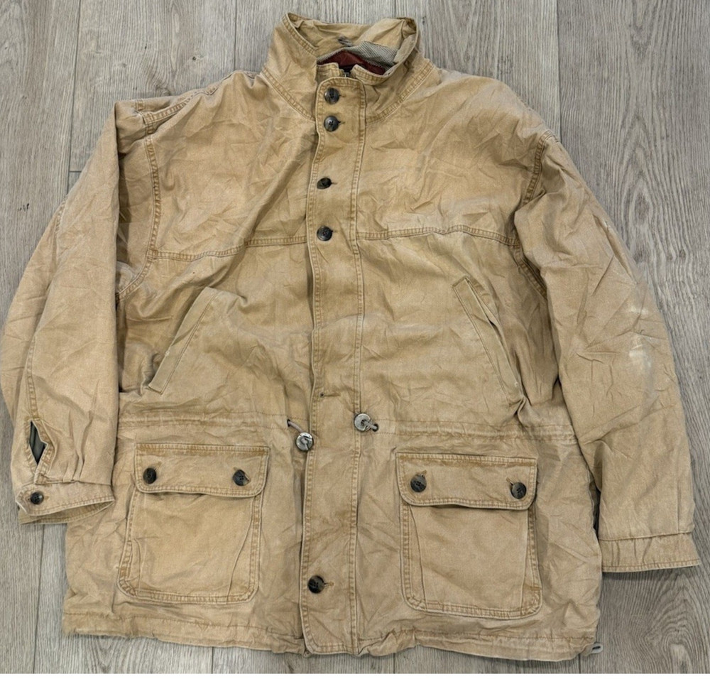 Vintage 90s Woolrich Tan Khaki Canvas Worn Barn Jacket Workwear Mens Size XL USA
