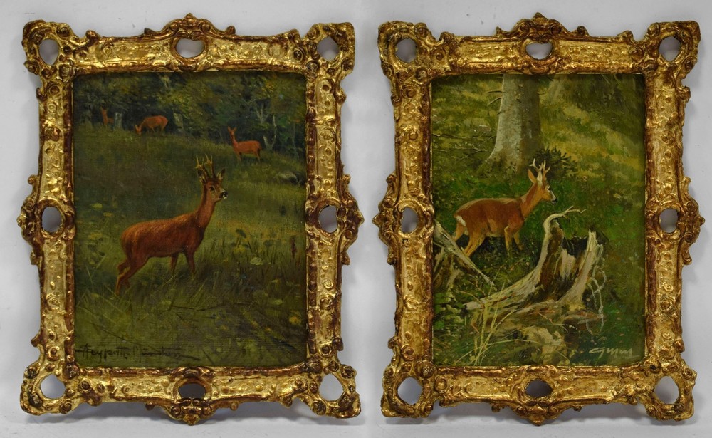 Ca. 1900, old paintings (set of 2 pieces), deer in a forest clearing, landscape.