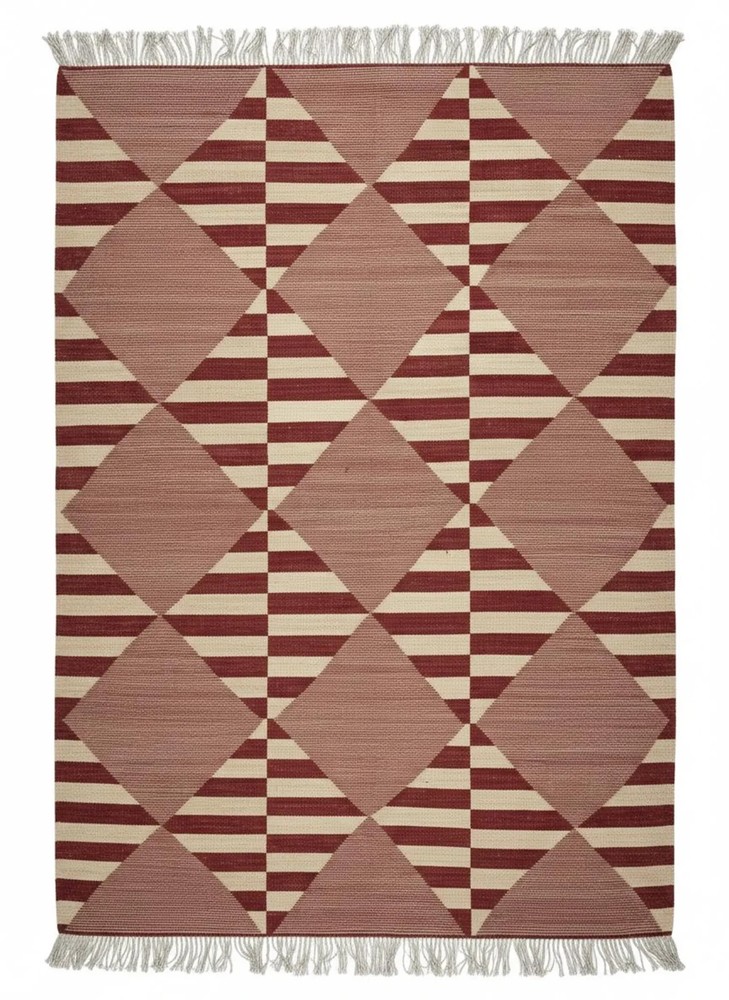Hand Knotted Wool Kilim Dhurrie Rug Color Deep Red & Beige Design Carpet Rug