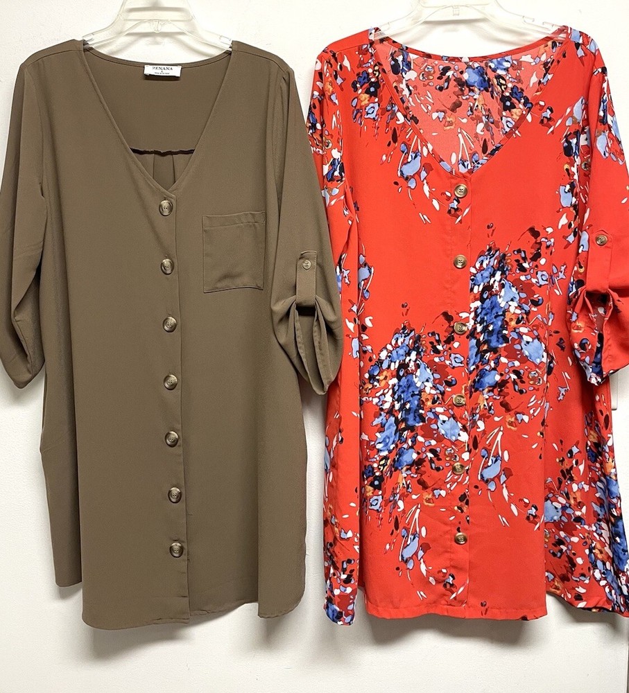 Lot Of 2* ZENANA Button Front 3/4 Tabbed Sleeve Dresses - Women’s Size L