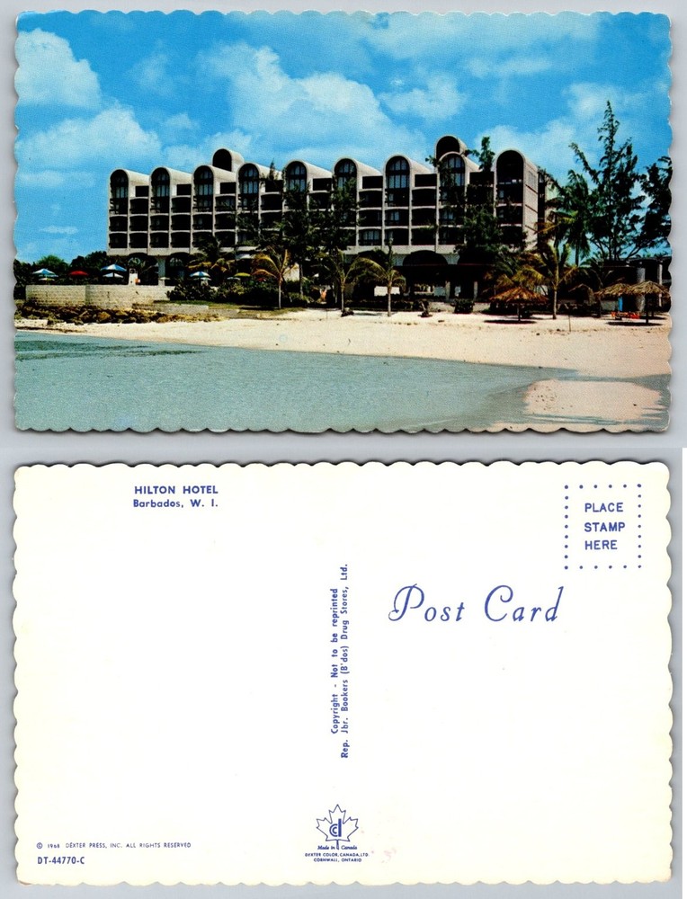 1968 Hilton Hotel Barbados West Indies Beach Scalloped Edge Postcard