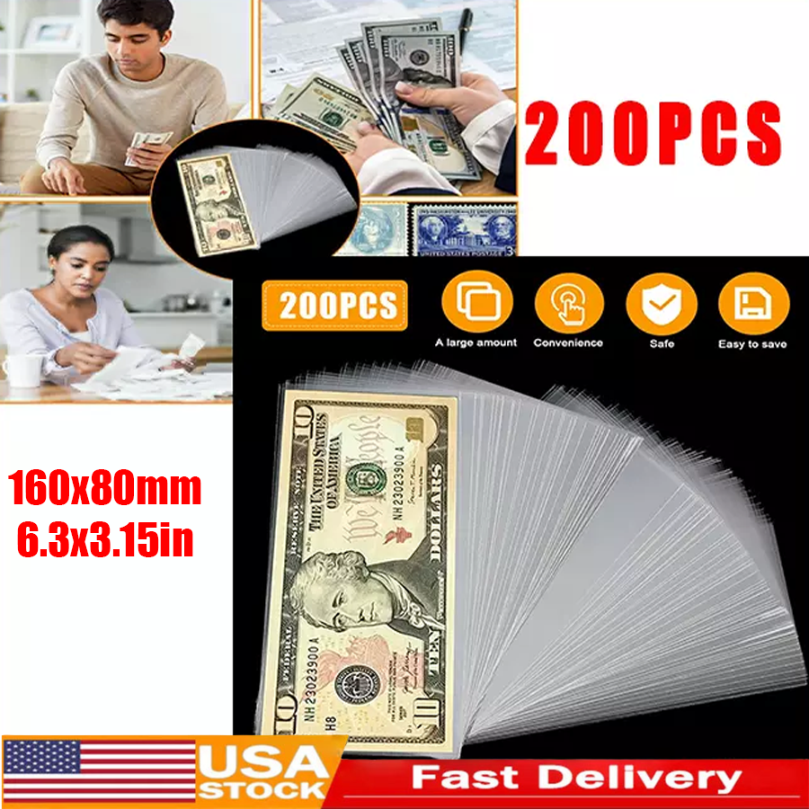 200 X Money Bag Storage Protect World/US Currency Banknotes Clear Soft Sleeves
