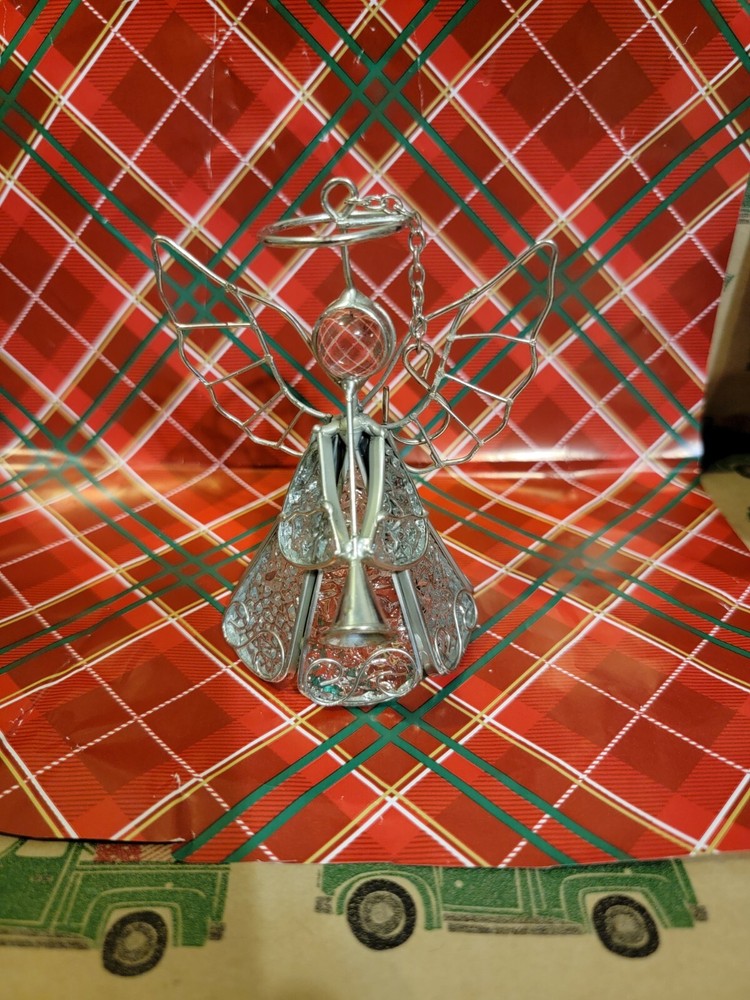 Vtg Clear Stained Glass Angel Christmas Ornament Play Horn 4