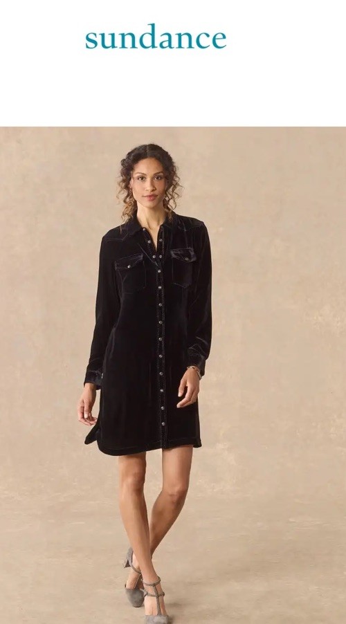 NEW Sundance Catalog Rocio Velvet Short Silk Western Shirt Dress Black Onyx M