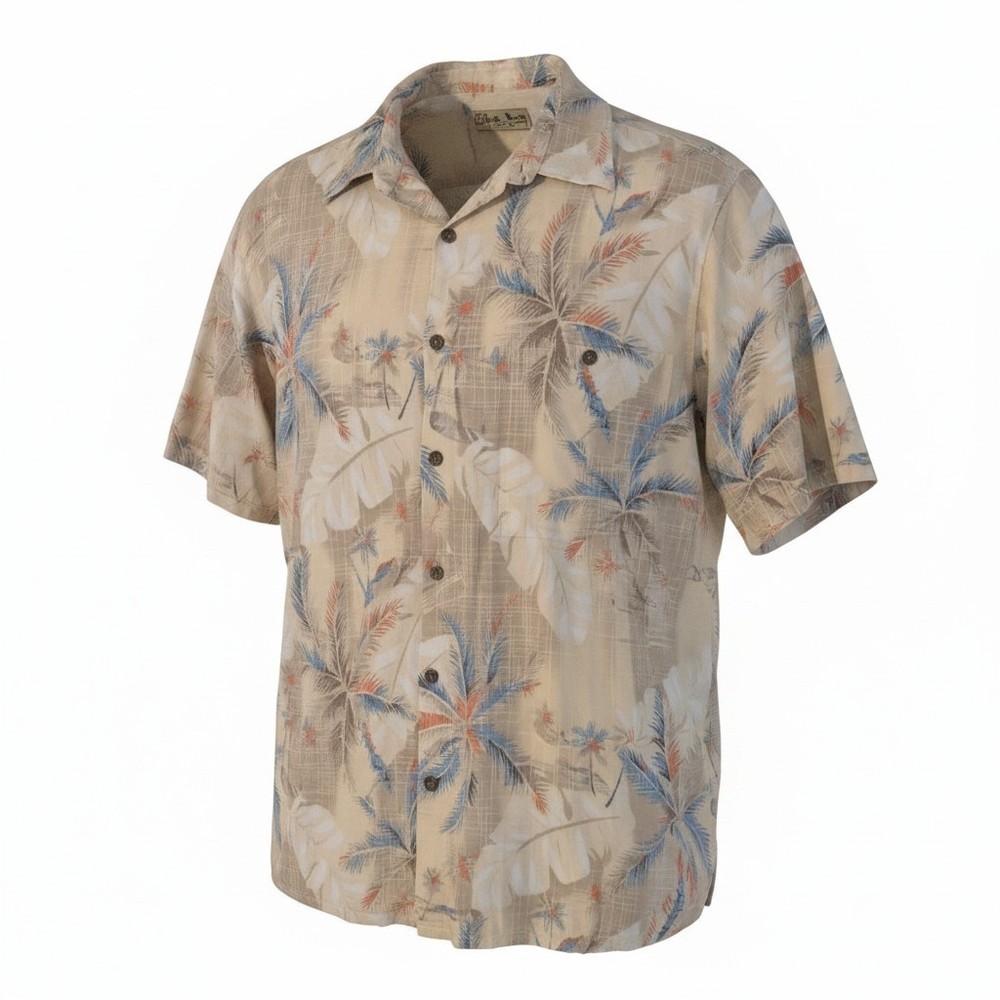 VTG Batik Bay Men's Hawaiian Shirt XL Tan Blue Palm Tree Tropical Casual Rayon