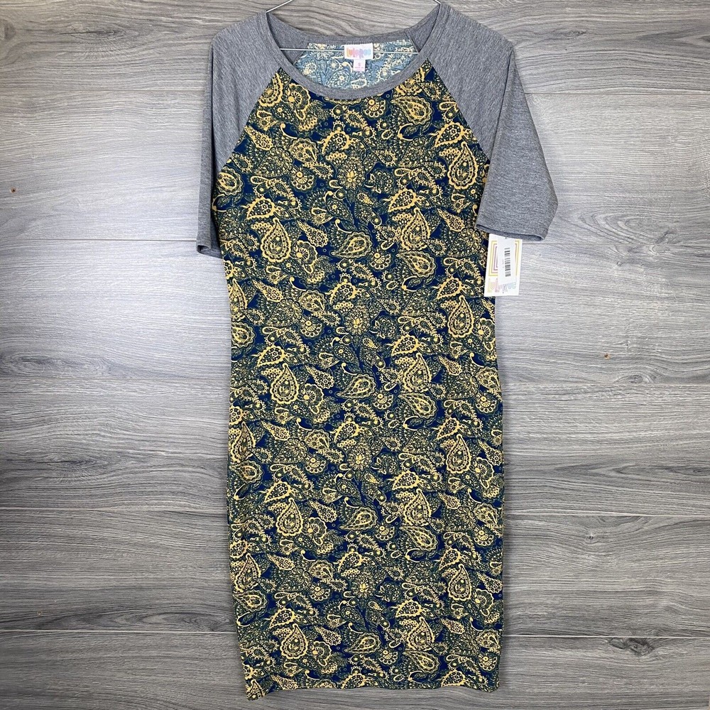 LuLaRoe Julia Dress Size Small Blue Gold Floral Print Gray Sleeves