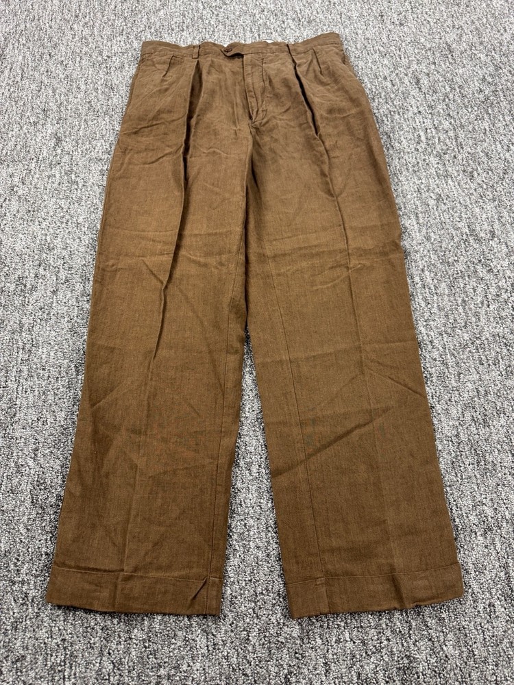 Daniel Cremieux Pants Men 34x32 Soiree Brown Linen Pleated Cuffed Slacks Trouser