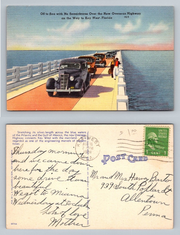 Key West, FL-Florida, Overseas Highway Gulf & Atlantic Vintage c1951 Postcard