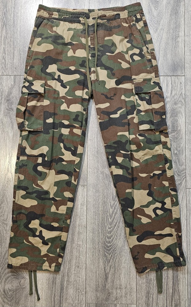 Men's Camo Cargo Pants Lightweight Ripstop Drawstring Size Large