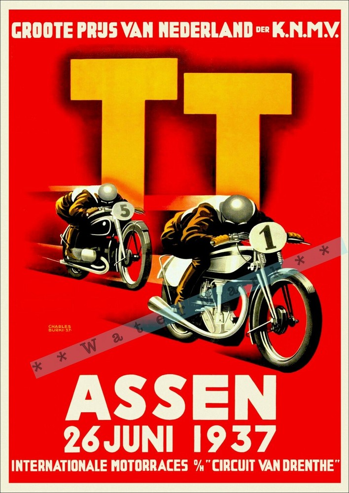 TT Motorcycle Races 1937 Assen Holland Vintage Poster Print Retro Style Art