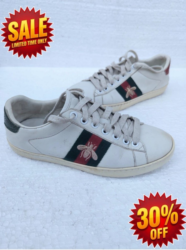 GUCCI Ace Bee Sneakers White Leather Web Stripe Low Top Shoes EU 37 US 6.5