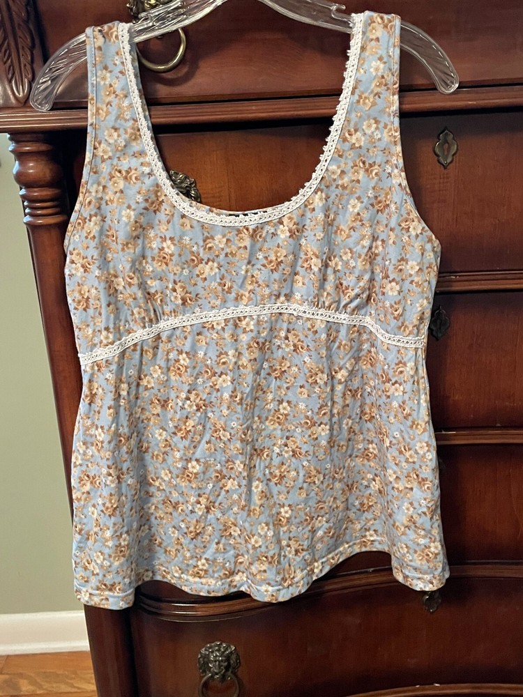 Motherhood Maternity SZ M Pretty Sleeveless Top Blouse Blue Brown Floral Fairy