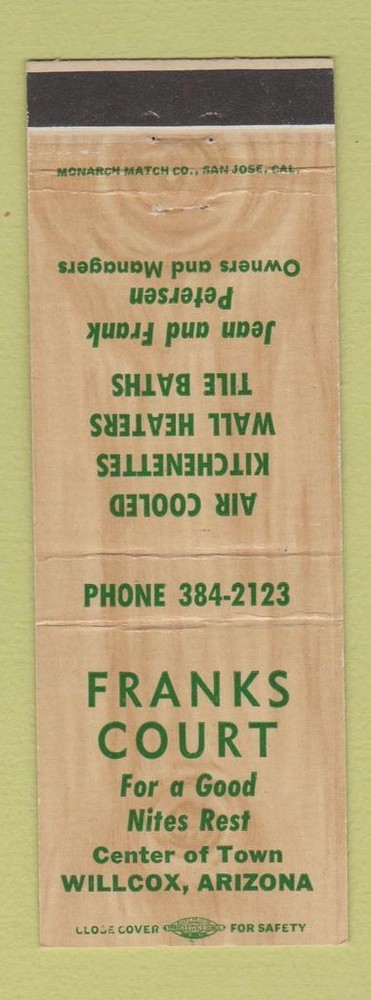 Matchbook Cover - Franks Court Motel Willcox AZ