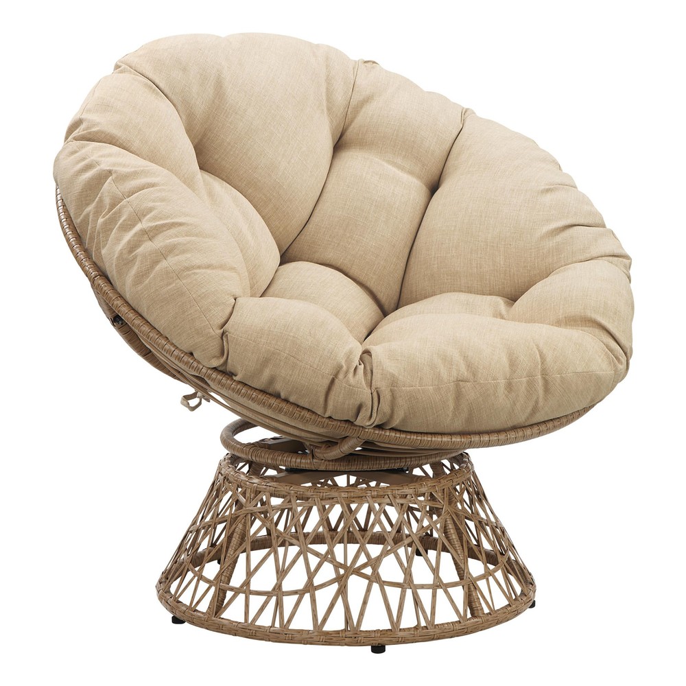 360-Degree Swivel Wicker Papasan Chair with Natural Frame and Cream Cushion