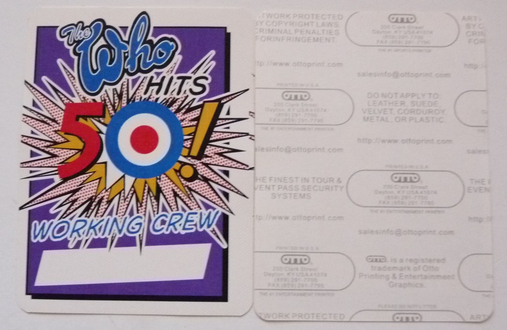 The Who Hits 50 Purple Working Crew 2015 Concert Tour Backstage Pass D16