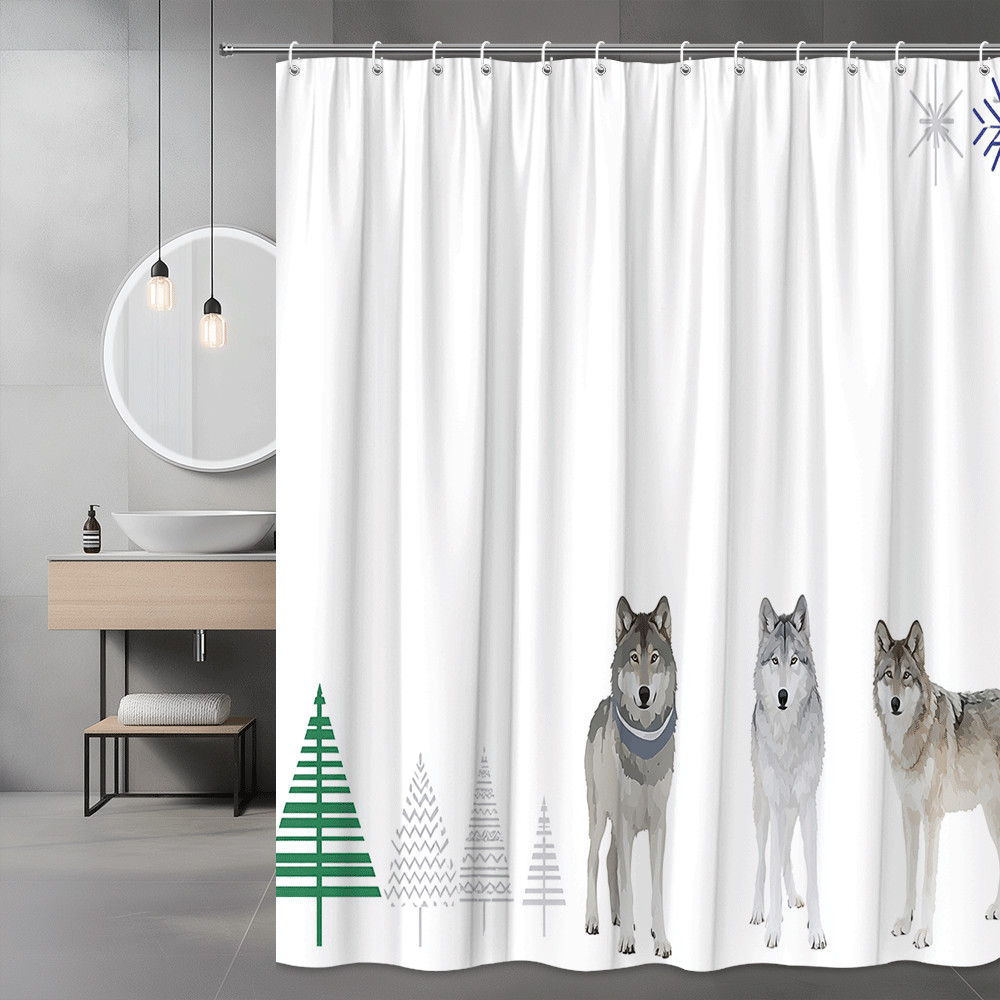 Wolf Shower Curtain with Trees and Snowflake Print