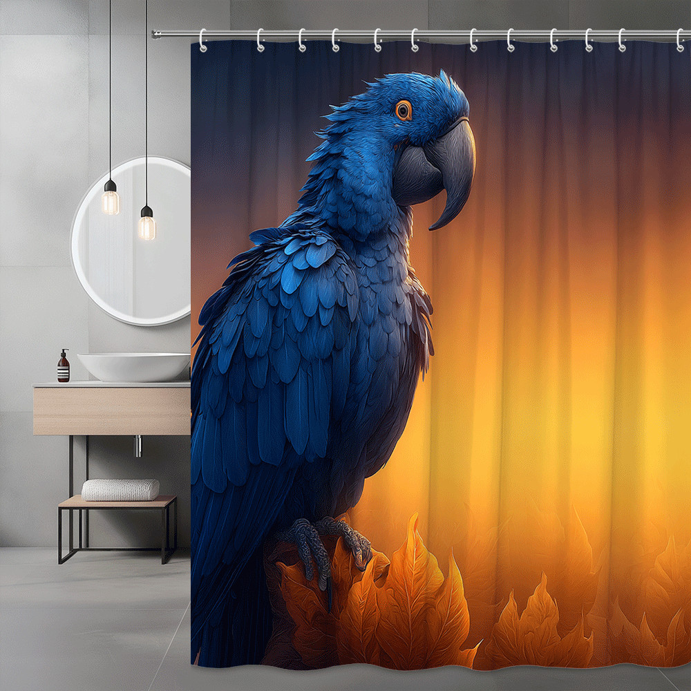 Blue Parrot Shower Curtain Orange Sunset Leaves Graphic