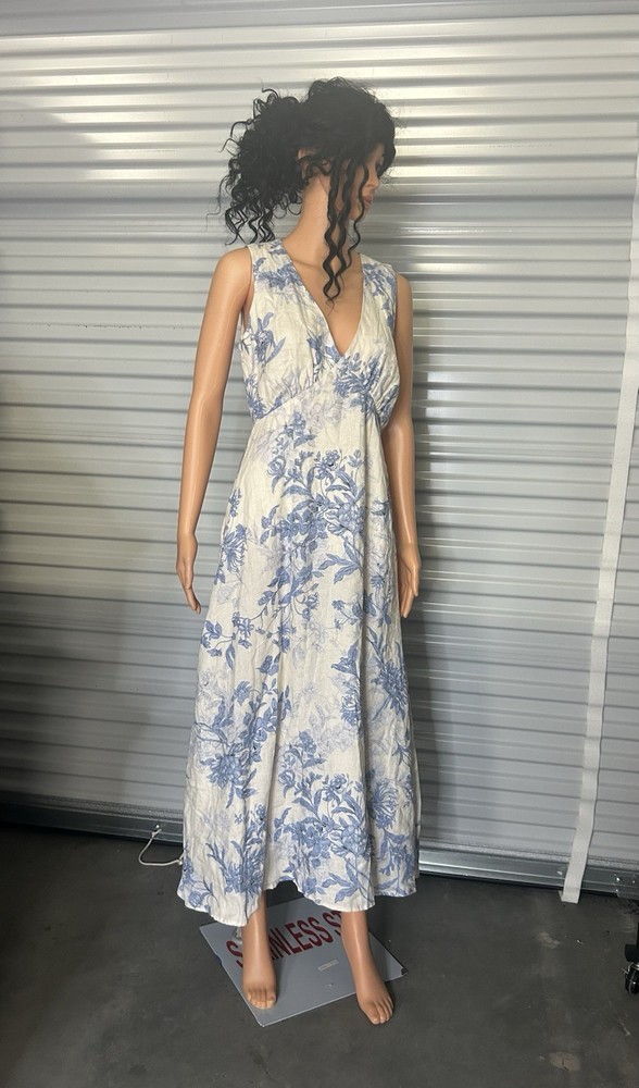 Magaschoni Dress Blue White Floral 4 Linen NWOT Defect Zipper