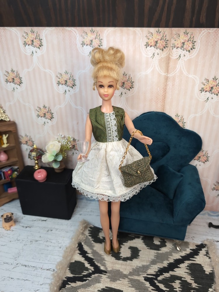 Vintage Barbie / Francie Clone Outfit - Dress, Purse, Slip, Gold Pumps +