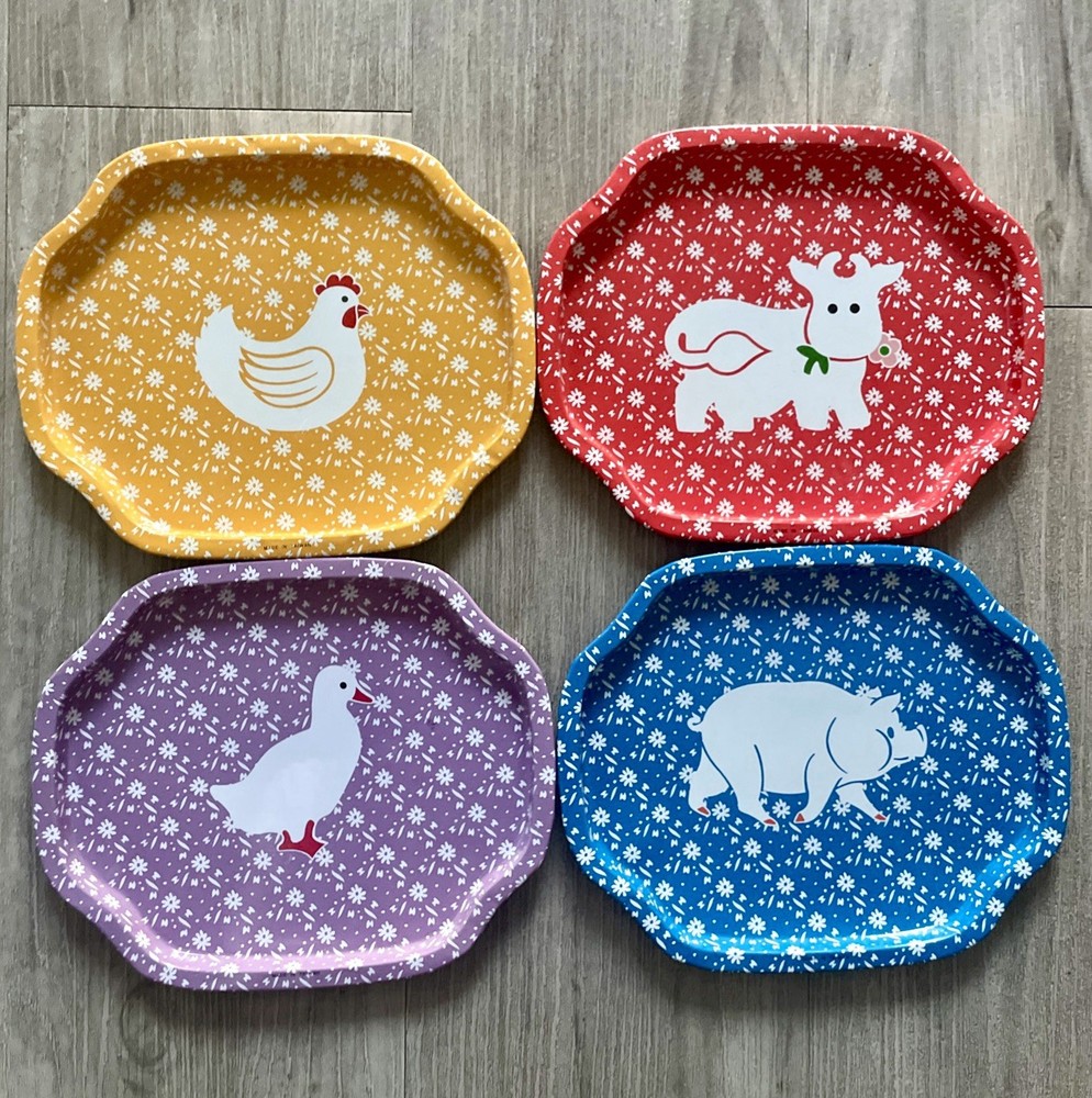 Vintage Country Calico Tin Trinket Trays Barnyard Farm Animals JSNY NOS Lot Of 4