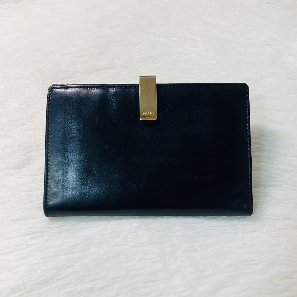 Prada Black Gold Logo Bifold Classic Leather Wallet