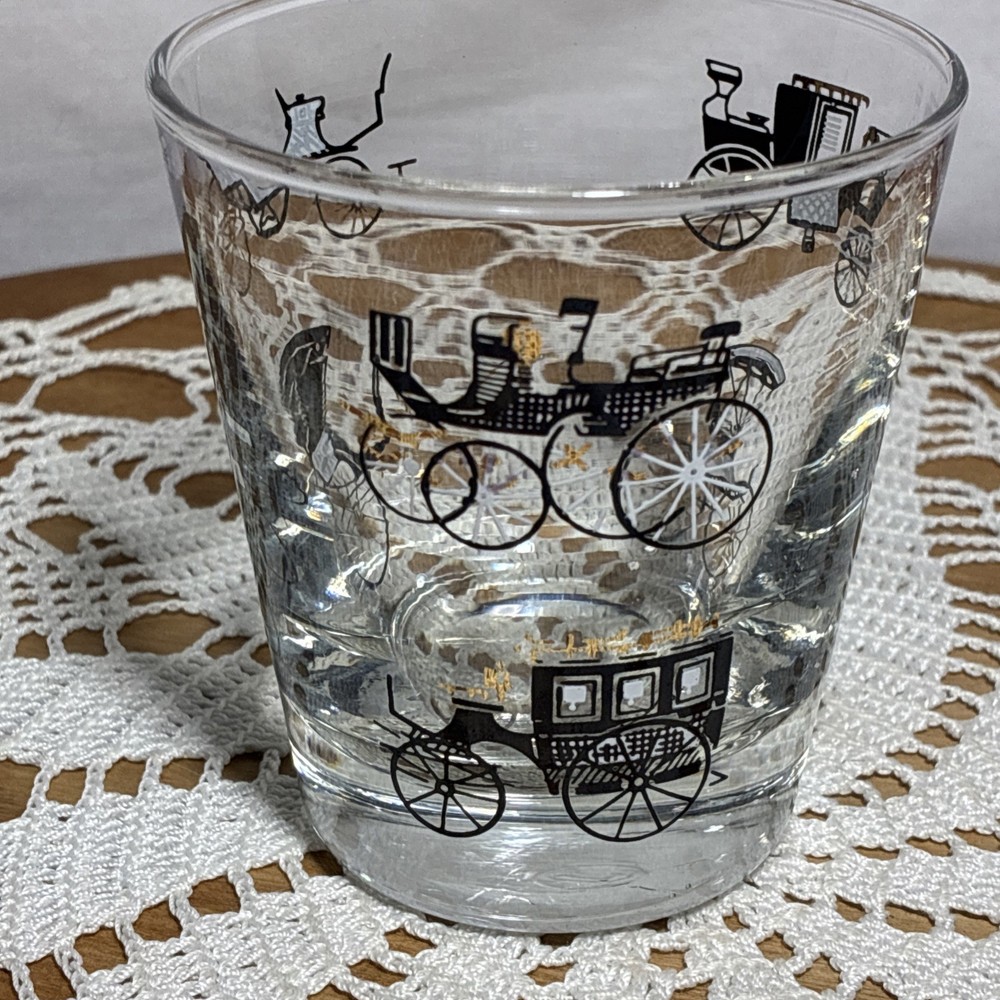 VTG MCM Libbey Bar Glasses Antique Cars Black & Gold Barware Low Ball Set Of 3