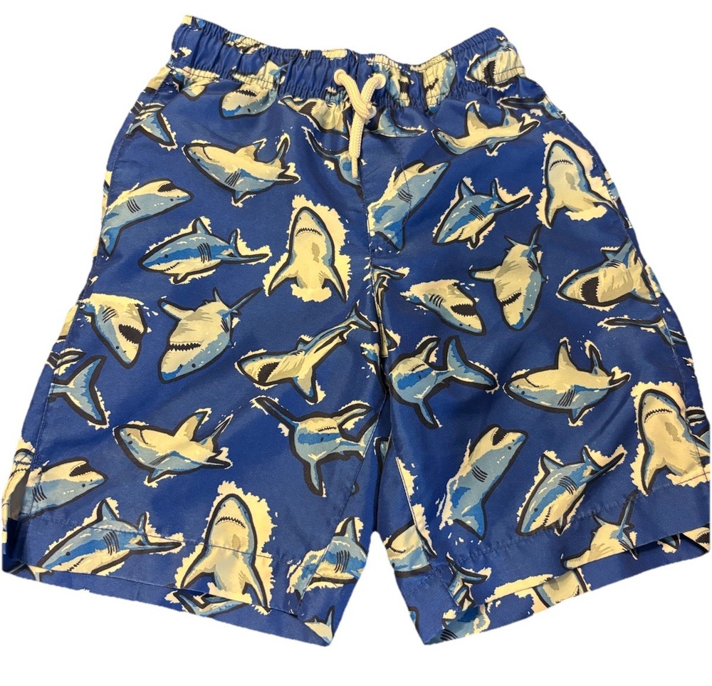 The Children's Place Shark Print Swim Trunks Blue M/7-8 Elastic Waist Drawstring