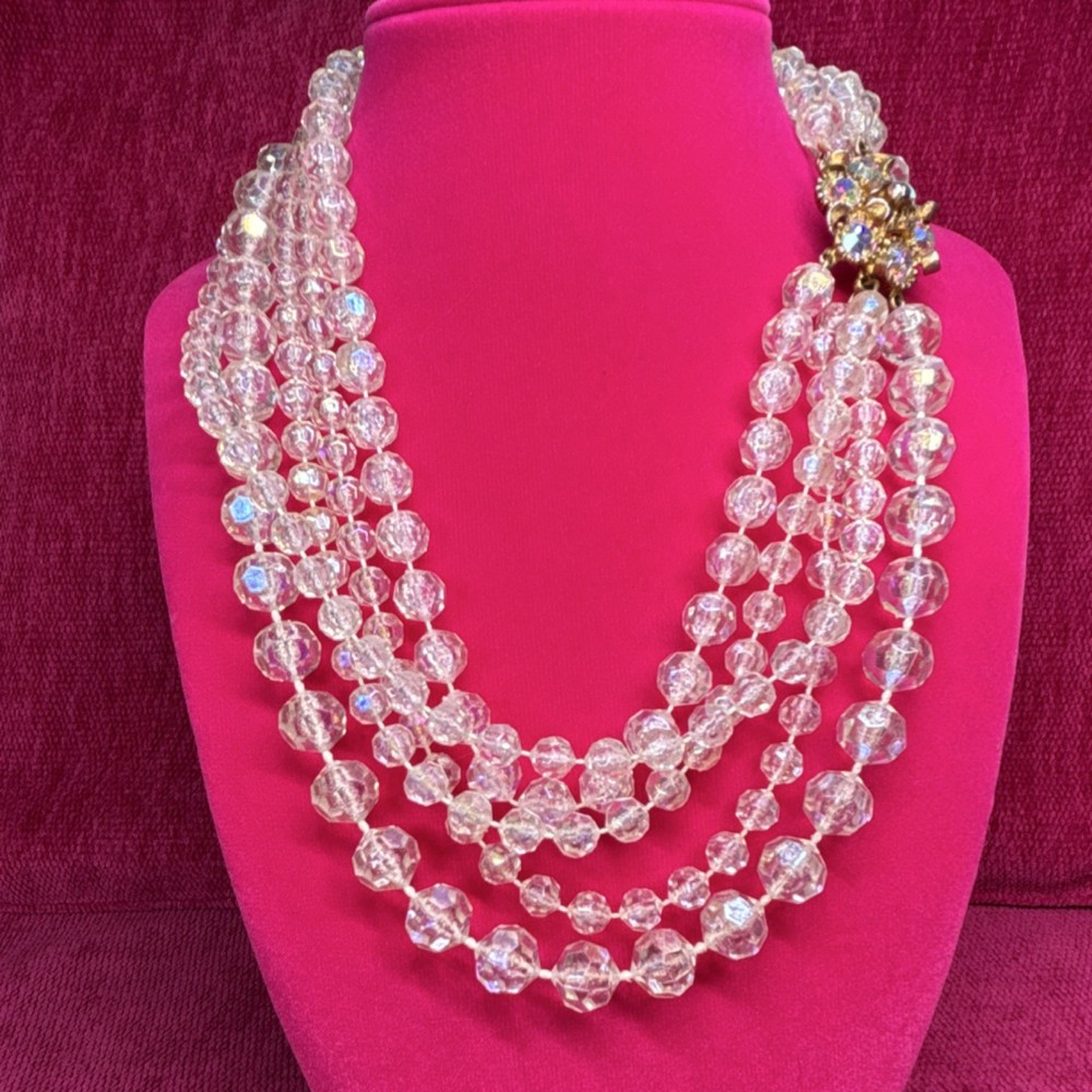 Vintage Layered Crystal Beaded Statement Necklace Flower Cluster Clear Plastic