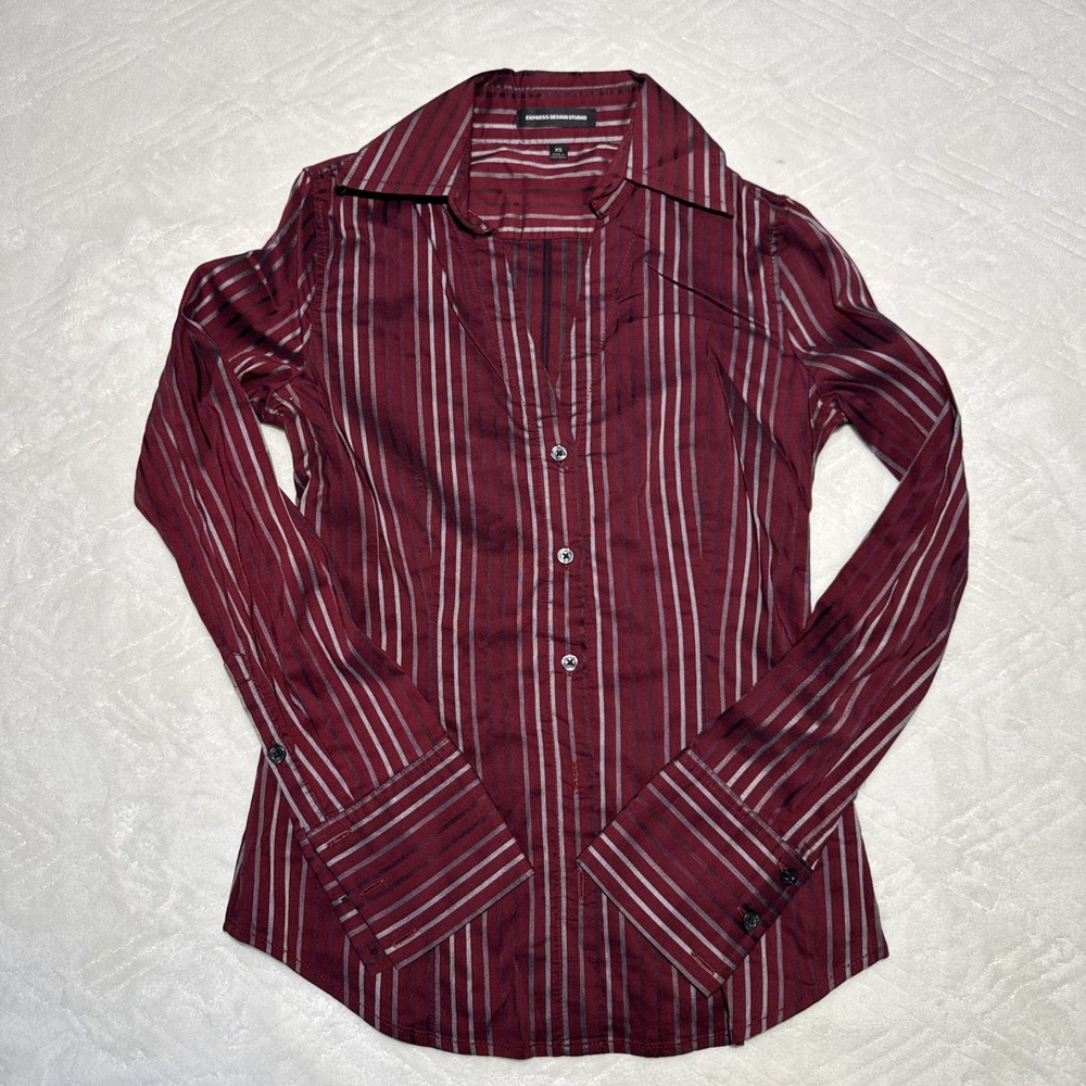 Express design studio V Neck button shirt, Womens Size XS Burgandy/Gray Stripes