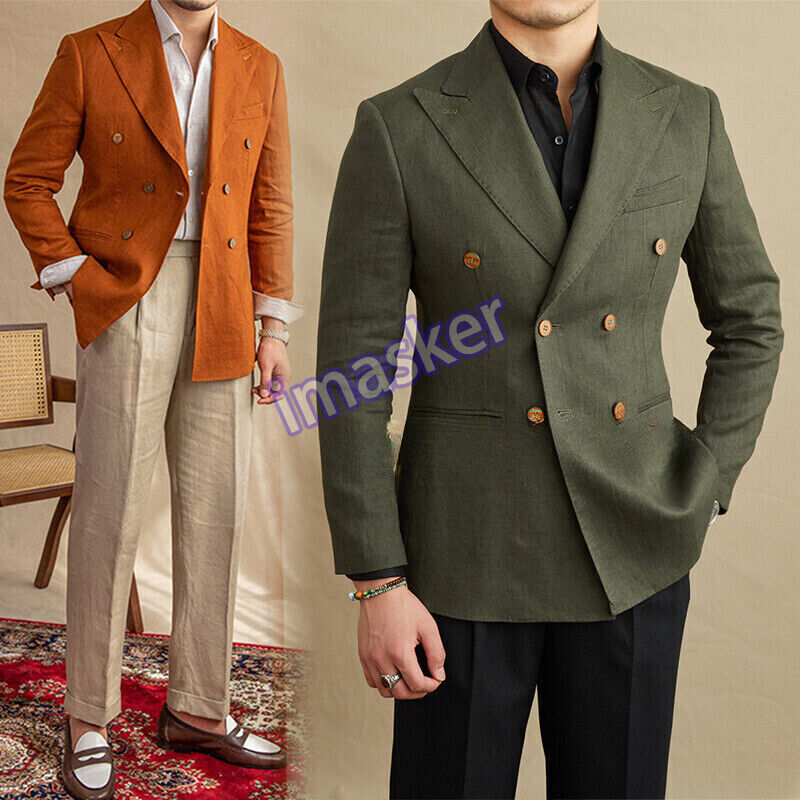 100% Linen Mens Peak Lapel Blazer Double Breasted Coat Suit Jacket Formal Casual