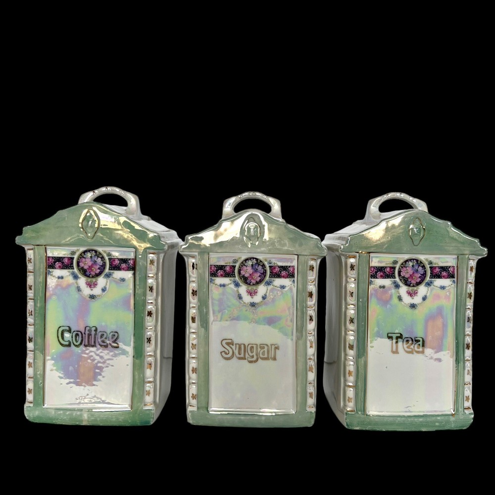 Antique Mepoco Ware Green Lusterware Coffee Tea Sugar Canisters Set Of 3 HTF