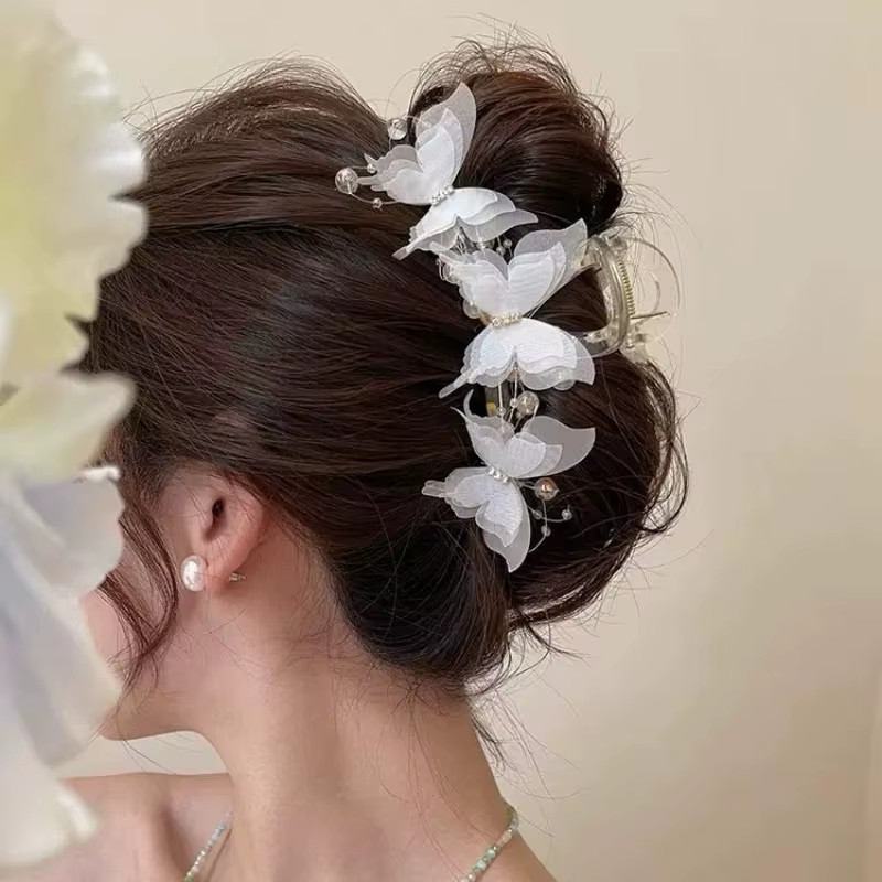 Light Blue/Pink Sheer Butterfly Claw Clip | Pearl Rhinestone Fairycore Hair Grab