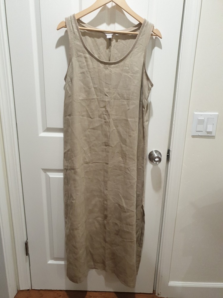 J. Crew Linen Maxi Dress Sz12 Sleeveless Beige Slit On One Side