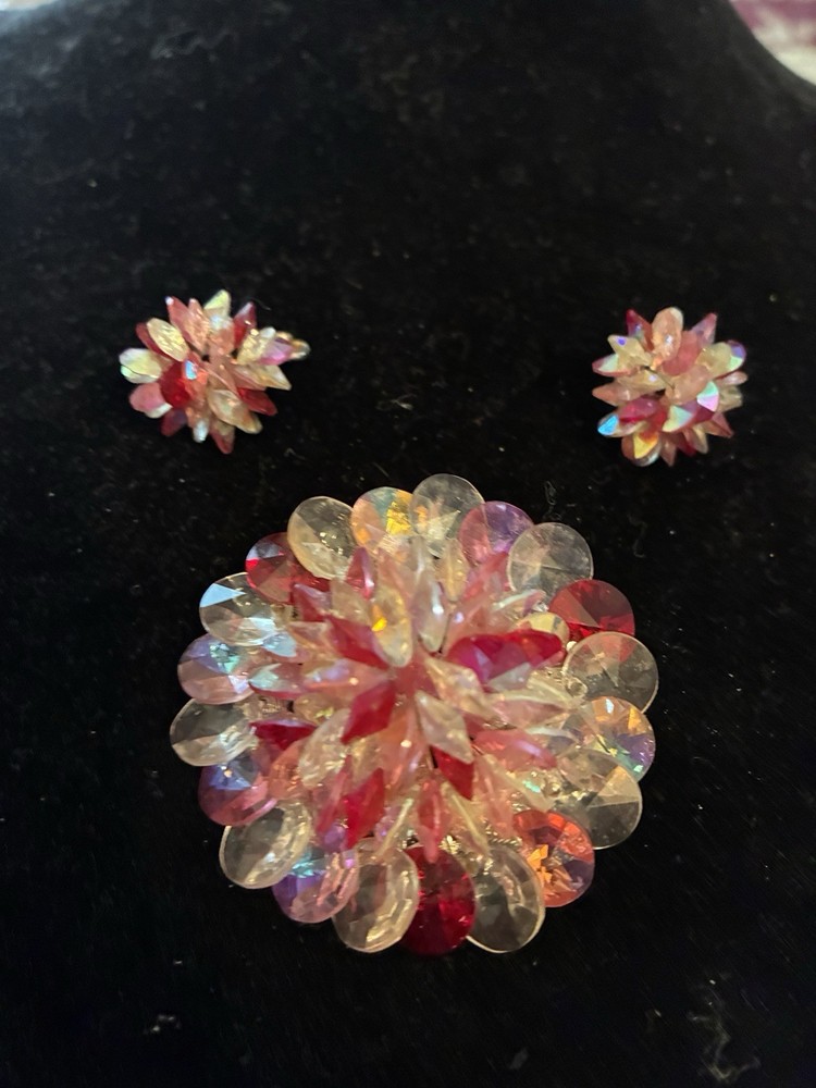 Vintage Vendome Brooch Pin & Clip on Earring Rhinestone Set Aurora Borealis
